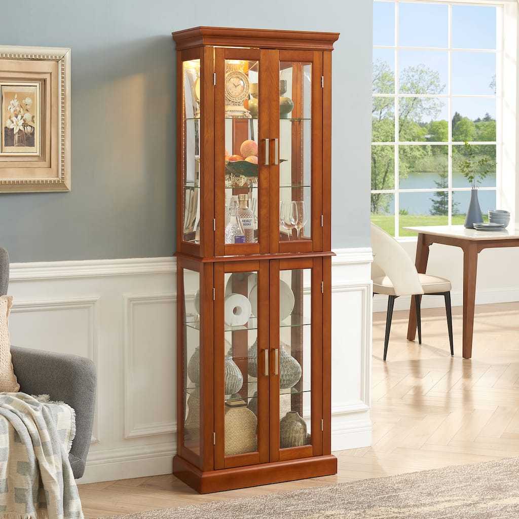 Lighted Curio Display Cabinet with Tempered Glass Doors, Curio Cabinet with Adjustable Shelves & Mirrored Back Panel