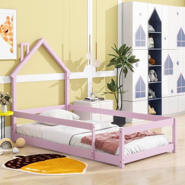 slide 2 of 8, Pink Twin Pine Floor Bed with House-shaped Headboard Pink