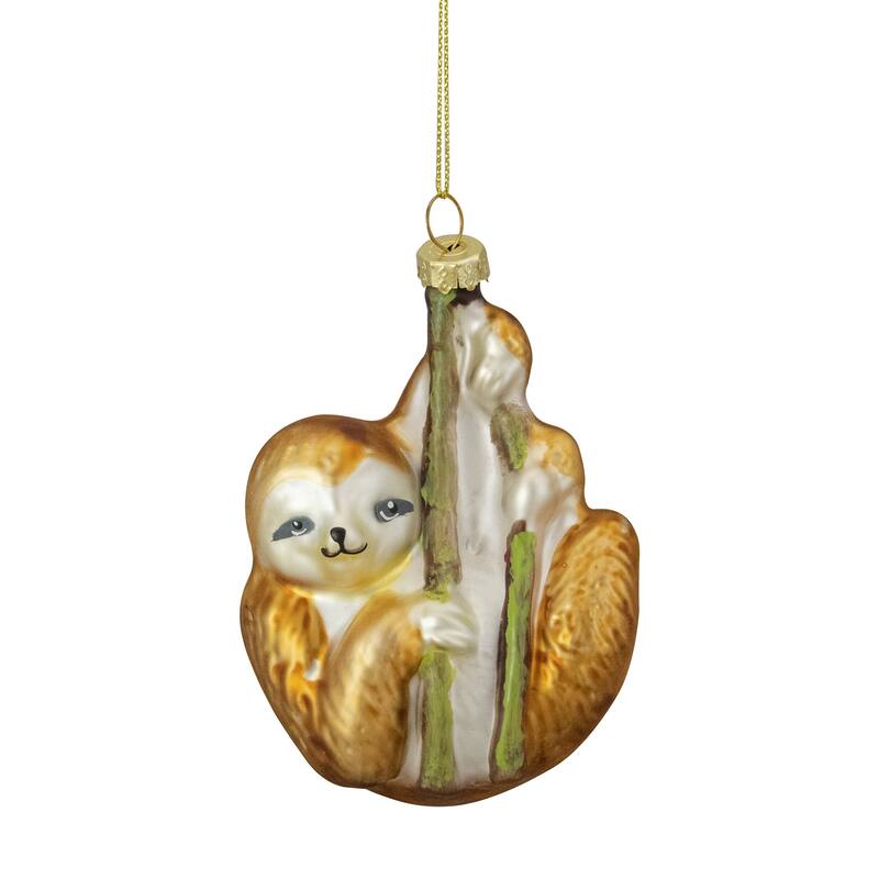 Sloth with Bamboo Glass Christmas Ornament - 4" - Gold