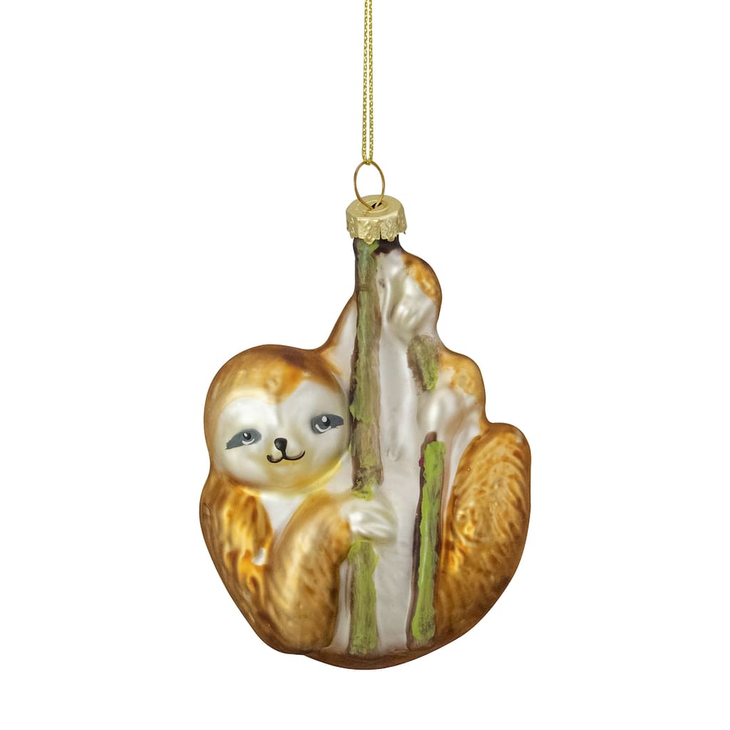 4" Gold Sloth with Bamboo Glass Christmas Ornament