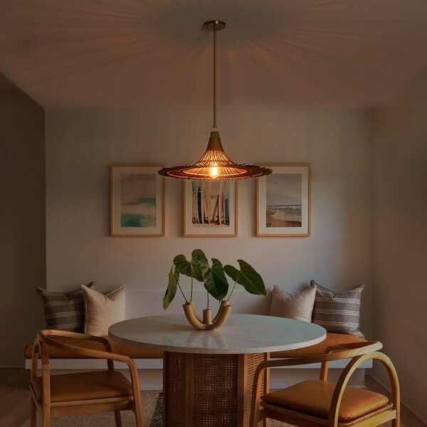 Modern Brushed Gold Pendant Light with Rattan Woven Hat Shade
