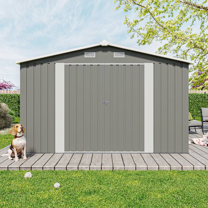 Campcraft Outdoor Storage Shed 10×14 FT with 3 Lockable Doors,4 Air Vents & Sloped Roof,Utility Tool Shed