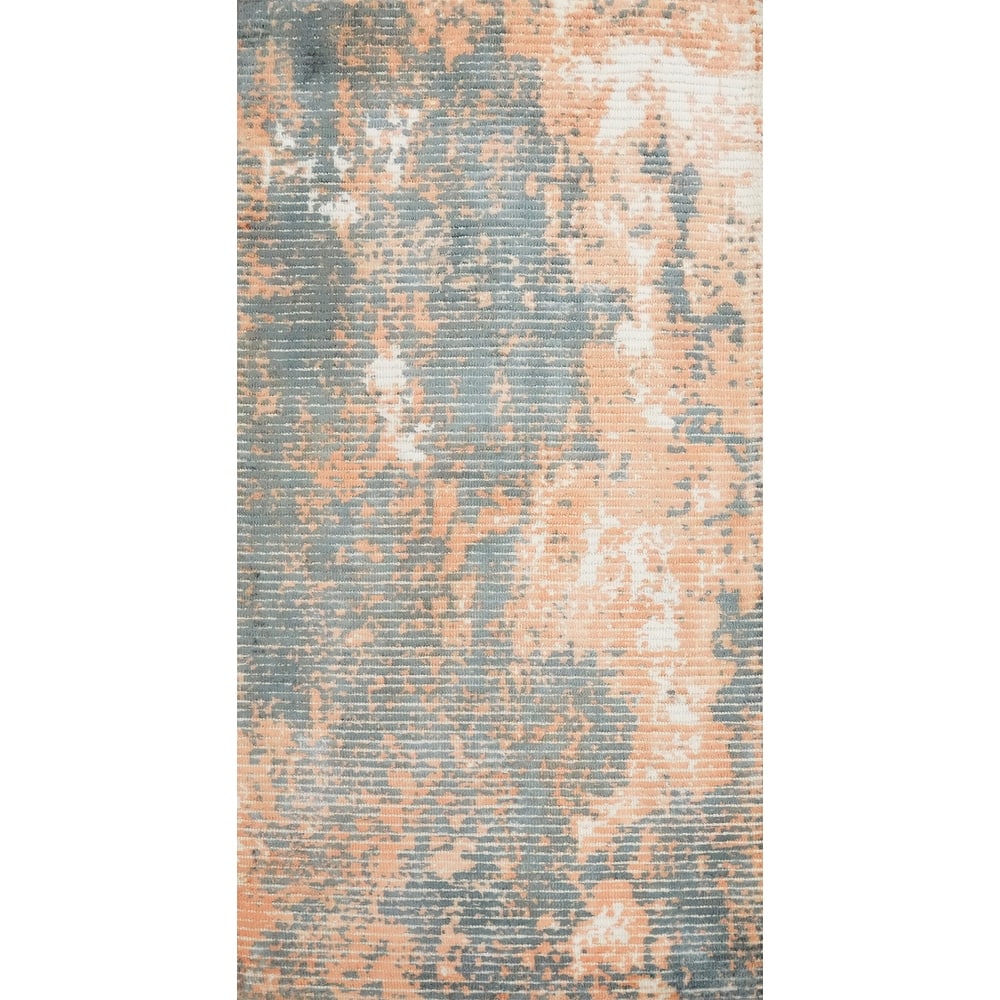 Hand Knotted Oriental Viscose Silk Carpet Modern All-Over Navy Blue & Blues Abstract Area Rug - 4' 0'' X 2' 0''