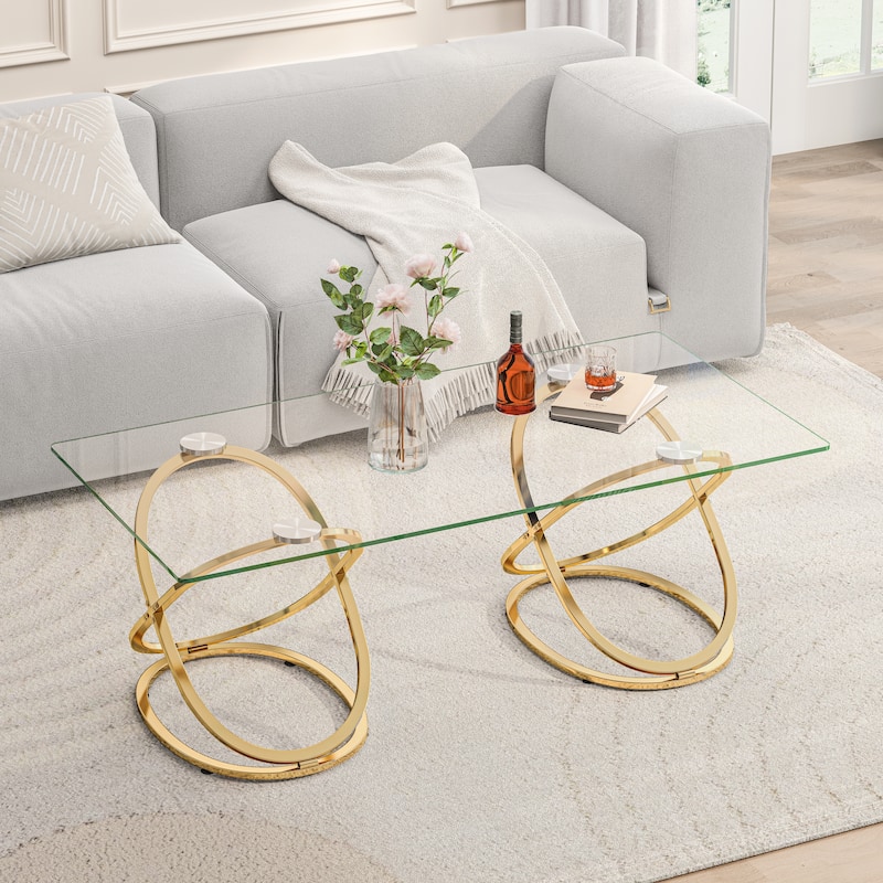 31.50" Modern Rectangle Glass Coffee Table with Ring-Shaped Frames