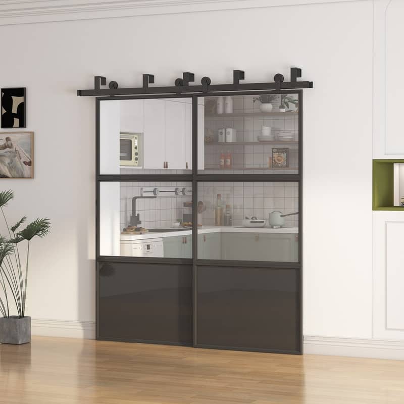 Mixoy Glass Sliding Barn Door and Hardware Included-Clear Tempered Glass with Bottom Aluminum Plate&Frame,Pre-Drilled,Soft Close