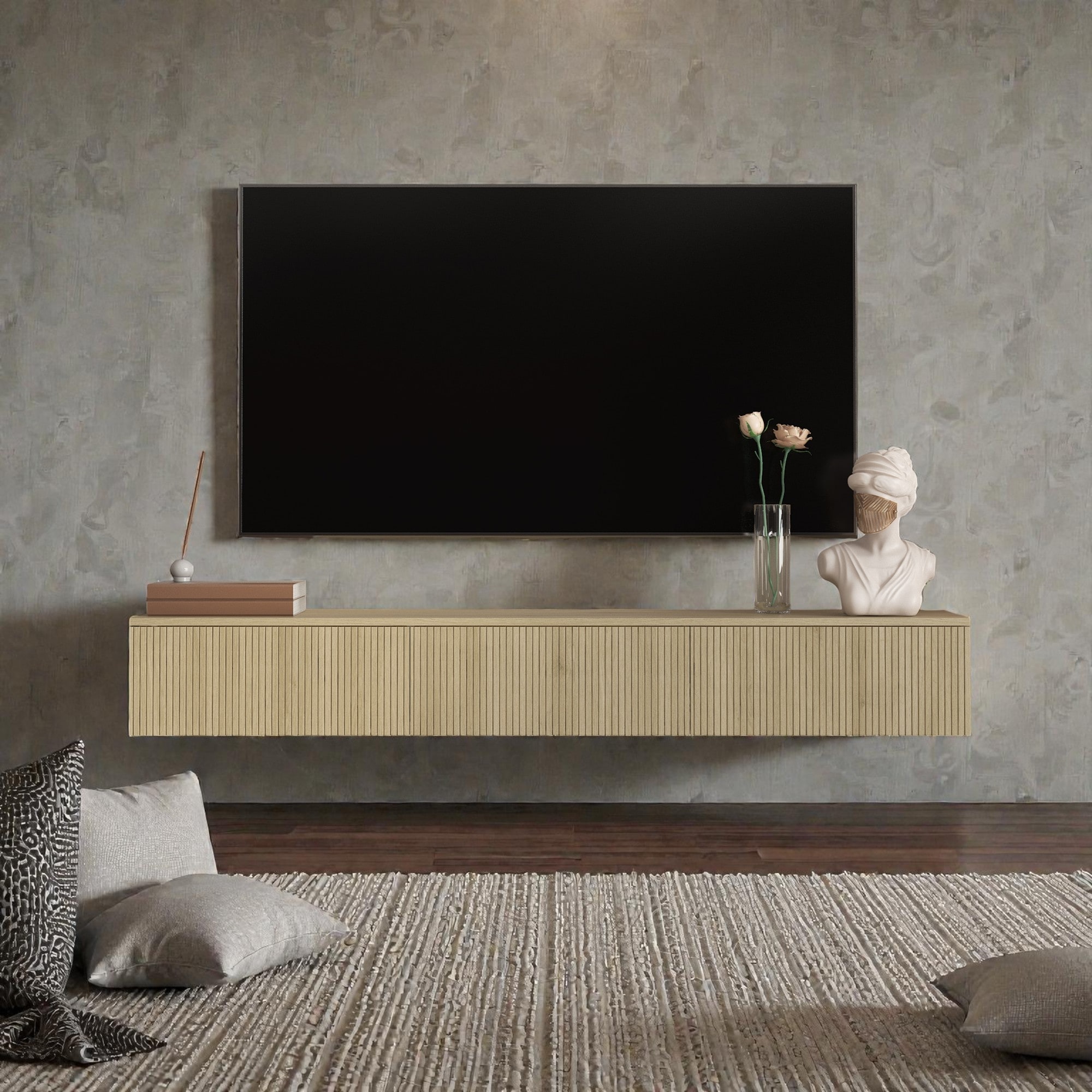 65" Floating TV Stand Wall Mounted with 16 Color LED Lights, Modern TV Cabinet for 55-65 Inch TVs