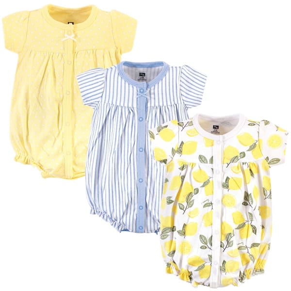 slide 1 of 1, Hudson Baby Infant Girl Cotton Rompers 3pk, Lemon 18 - 24 Months - Yellow