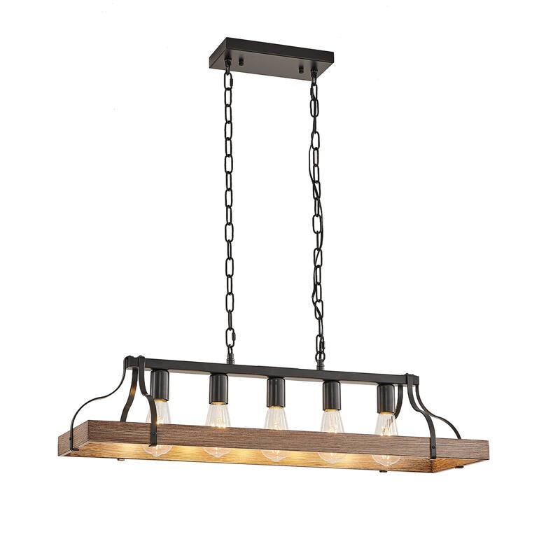 5-Light Black & Walnut Pendant - Adjustable Farmhouse Chandelier