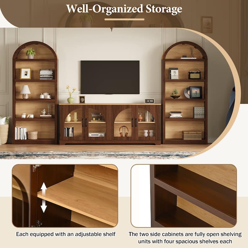 3-Piece Entertainment Center with Bookshelves for TVs up to 70", Retro Wall Unit TV Stand with Glass Doors, Media Console Table