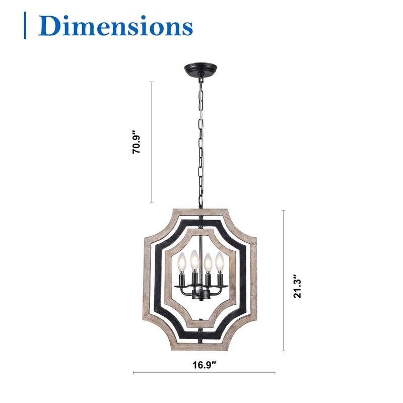 CurveCurio 18" Boho Adjustable Three-Tier Solid Wood Shade Pendant Light w 4 Lights, Austable Hanging Chain Chandelier