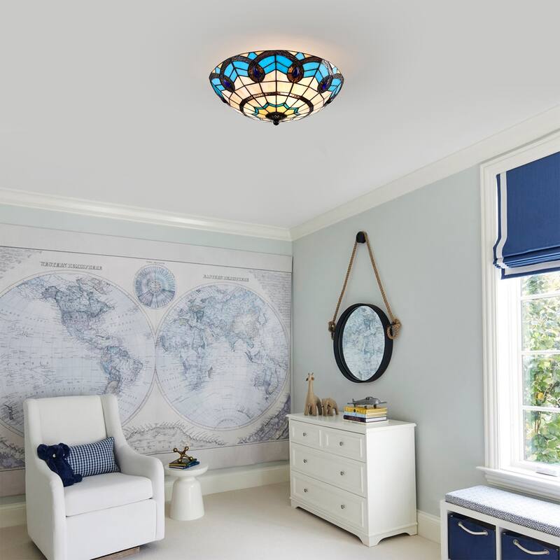 Thora Ivory and Azure Flushmount Ceiling Lamp Tiffany Style Glass Shade - Ivory-Blue
