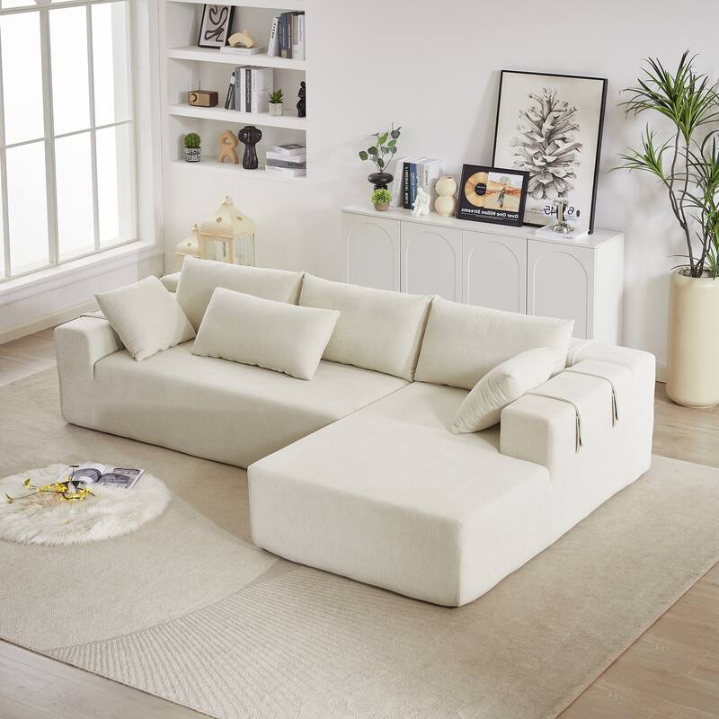 Corduroy Fabric 3-Seater Cloud Couch with 2 Movable Footrest,U Shaped Couch Set,Upholstered Deep Seat 2-Seat with 3 cushions - Natural
