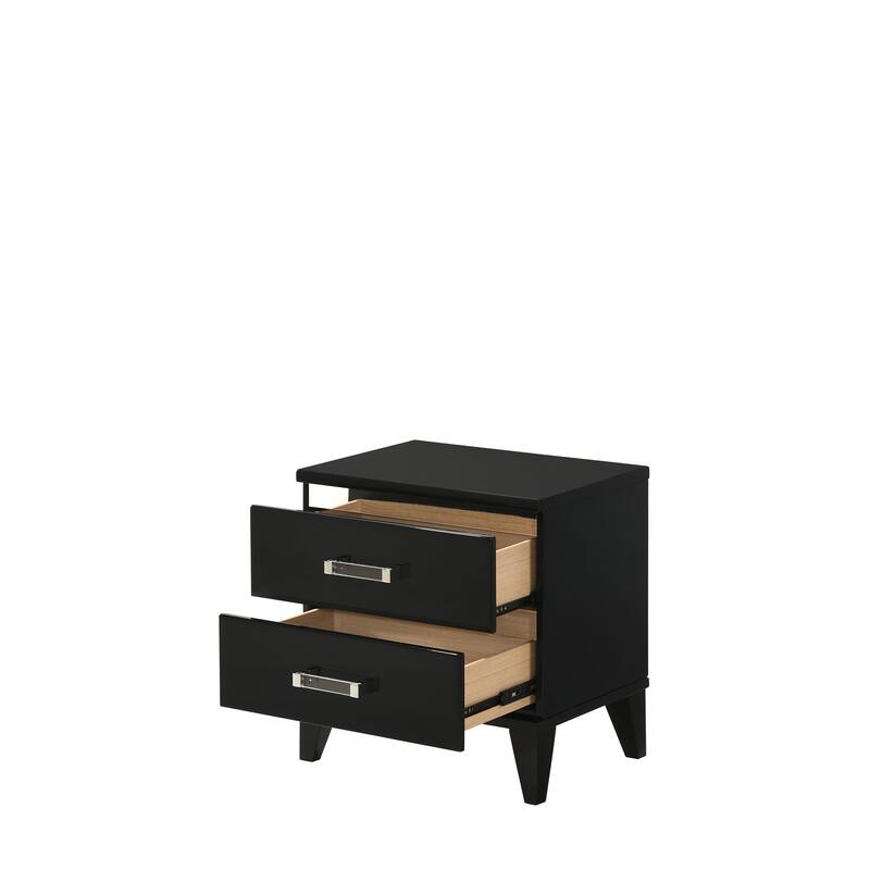 Black Finish Nightstand with Two Spacious Drawers and Safety Stop