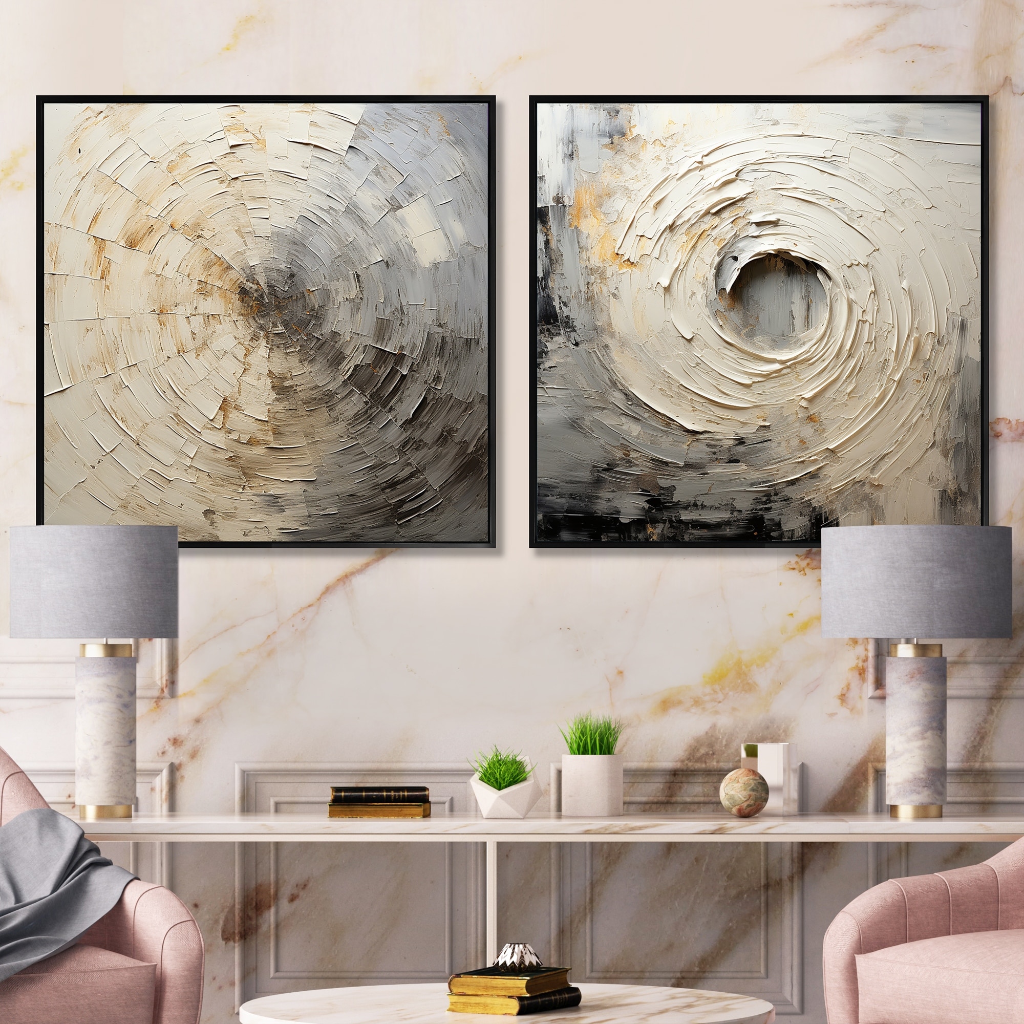 Designart "Grey Beige Meditative Movement" Abstract Spirals Framed Art Set Of 2 - Modern Gray Wall Art Set 2 Pieces