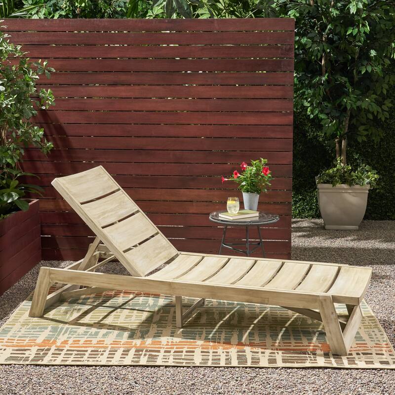 Outdoor Chaise Lounge Wood Single Recliner Chair With Adjustable Backrest for Poolside Patio Garden