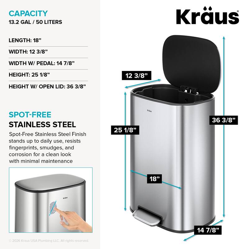 KRAUS WasteGuard 13.2 Gallon 50 Liter Step Pedal Kitchen Trash Can
