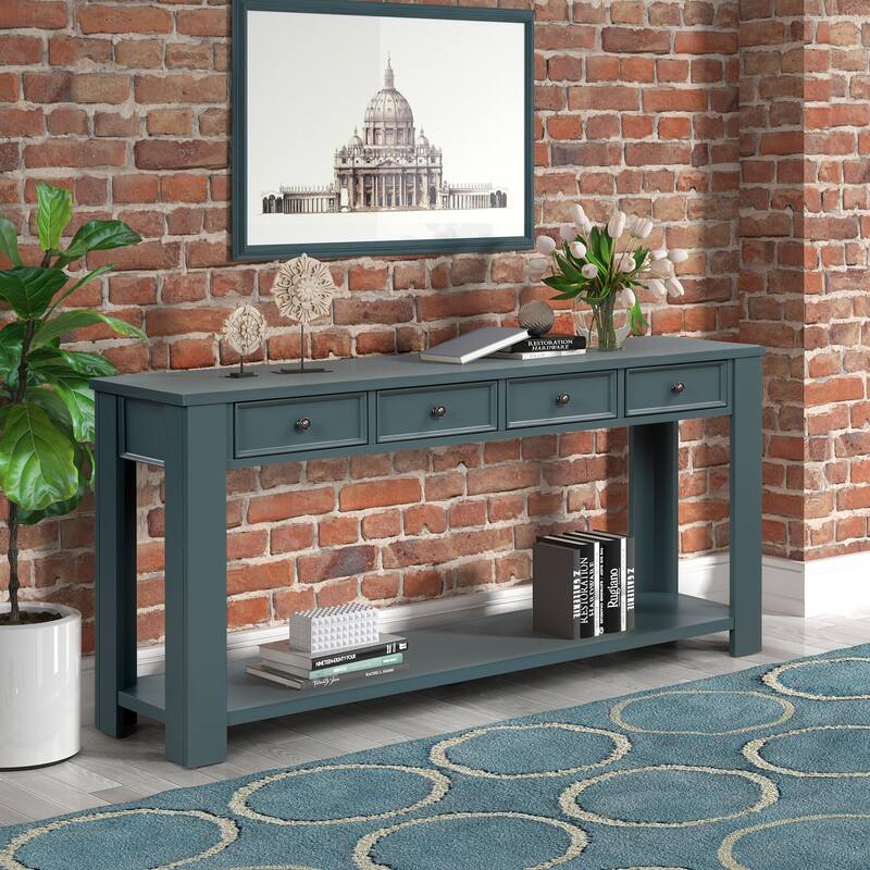 Pine Wood Console Table with 4 Drawers and Bottom Shelf for Entryway Hallway