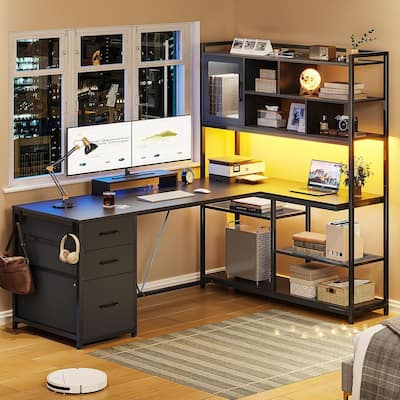 L Shaped Computer Desk 58'' Office Desk with 3 Drawers and Bookshelf