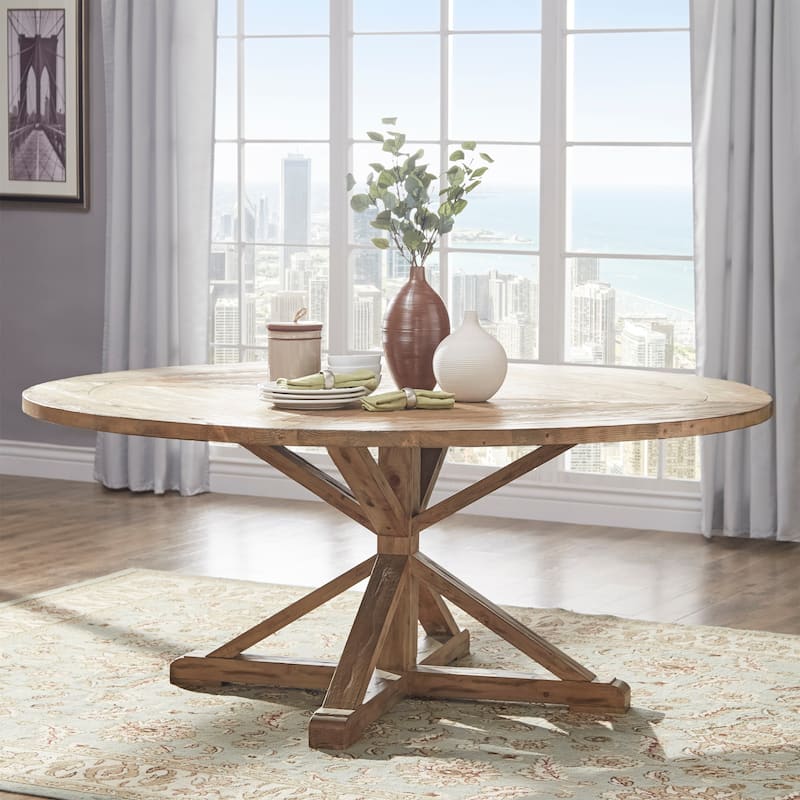 Krakova Rustic X-Base Round Pine Wood Dining Table
