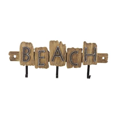 Wood Handmade Live Edge Beach Sign 3 Hanger Home Wall Hook with Metal Accents - Brown - Roche River Decor