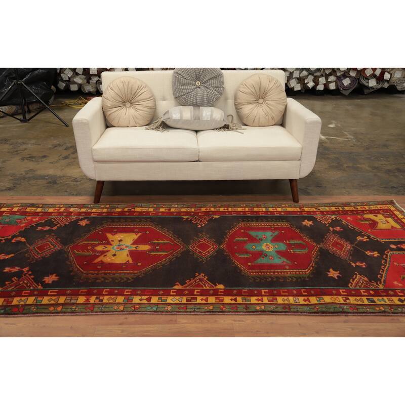 Hand Knotted Oriental 100% Wool Carpet Traditional Geometric Greys & Charcoal Ardebil Runner Rug - 9' 7'' X 4' 0''