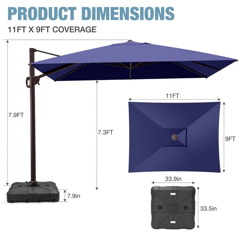 Outdoor 9 x 11 Ft Cantilever Patio Umbrella 360 Degree Rotation with HDPE Base