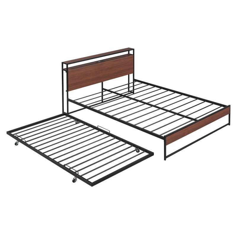 Full/Queen Metal Bed Frame with Trundle, USB Charging Ports, and Slat Support, Modern Design, No Box Spring Required