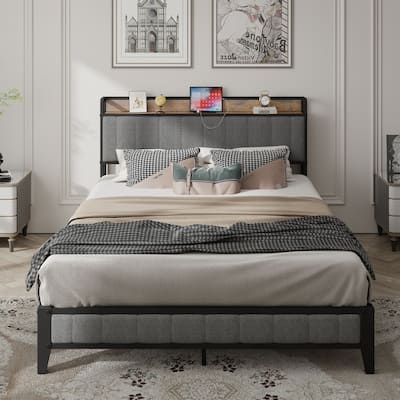 Queen Bed Frame with Charging Station, Upholstered Headboard, Metal Platform, Grey