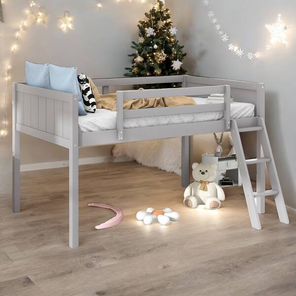 slide 2 of 18, Twin Size Wood Low Loft Bed With Convertible Ladder for Home Grey