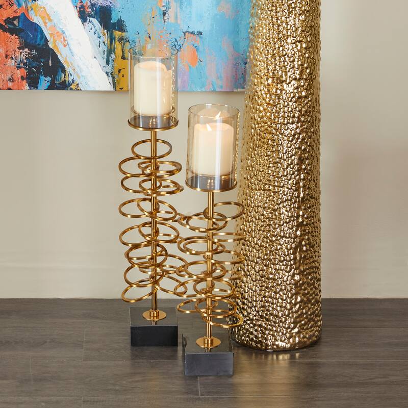 Stainless Steel Metal Open Ring Stand Pillar Hurricane Lamp - Set of 2 Gold - Roche River Decor - 6"W x 6"L x 25"H