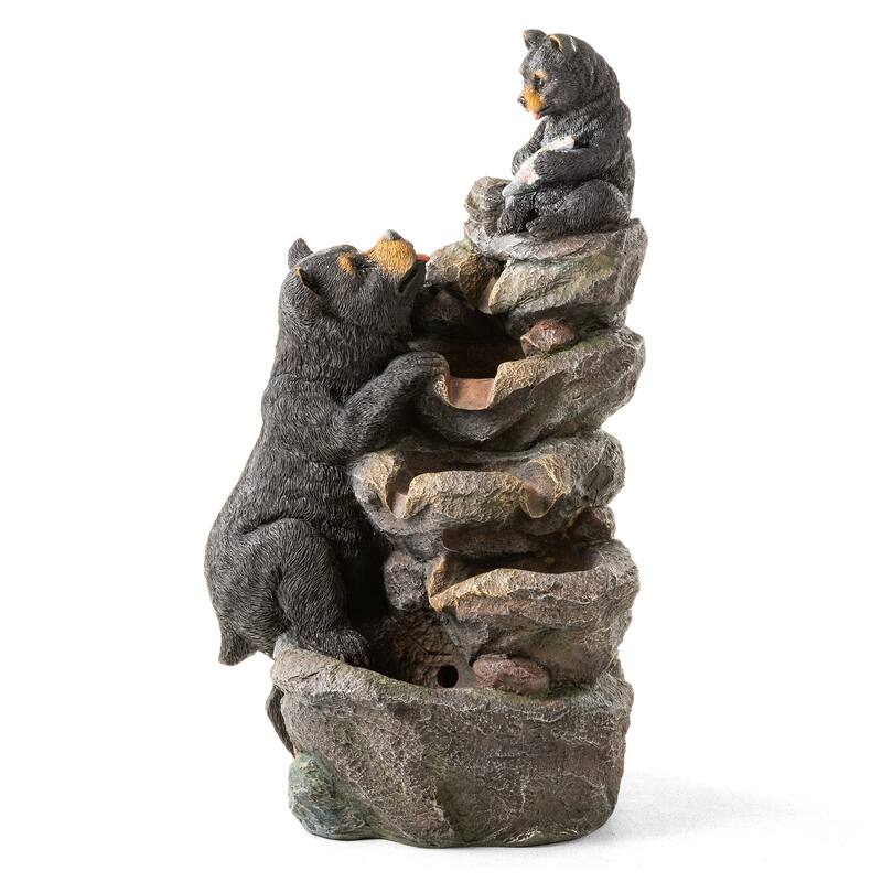 Glitzhome 30.5"H 4-Tiered LED Lighted Mom & Baby Bear Polyresin Outdoor Floor Fountain