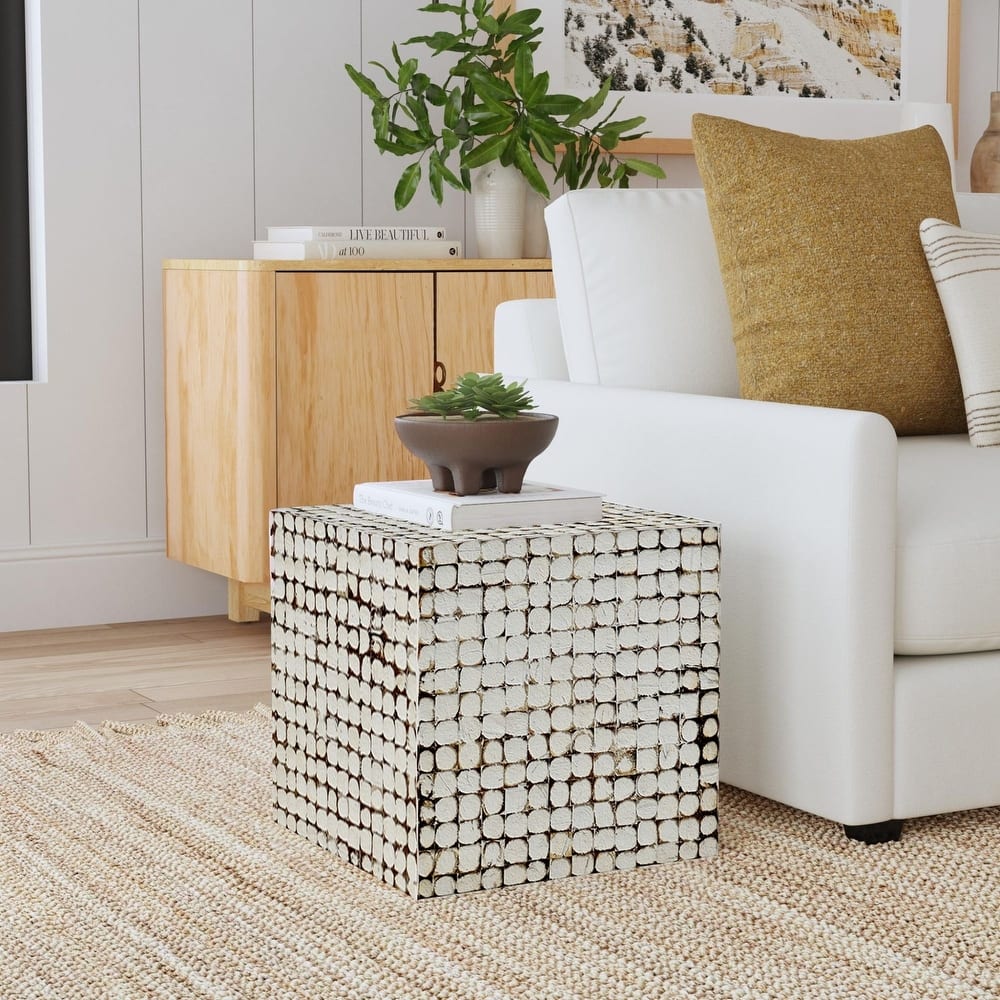 Juliette Distressed Natural Coconut Cube Accent Table by East at Main