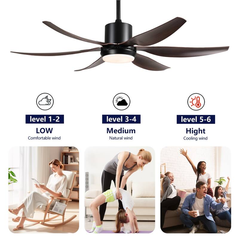 6 PCS ABS Blades 56 Ceiling Fan With Light Kit 3 Color LED Light Source, DC 6 Speed ,Remote Control Ceiling Fan