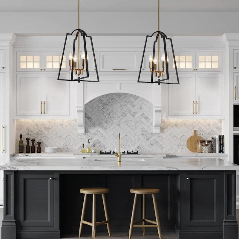 Modern Farmhouse Black Gold 4-Light Lantern Geometric Chandelier Candle Kitchen Island Pendant Light - 14" W x 17.5" H