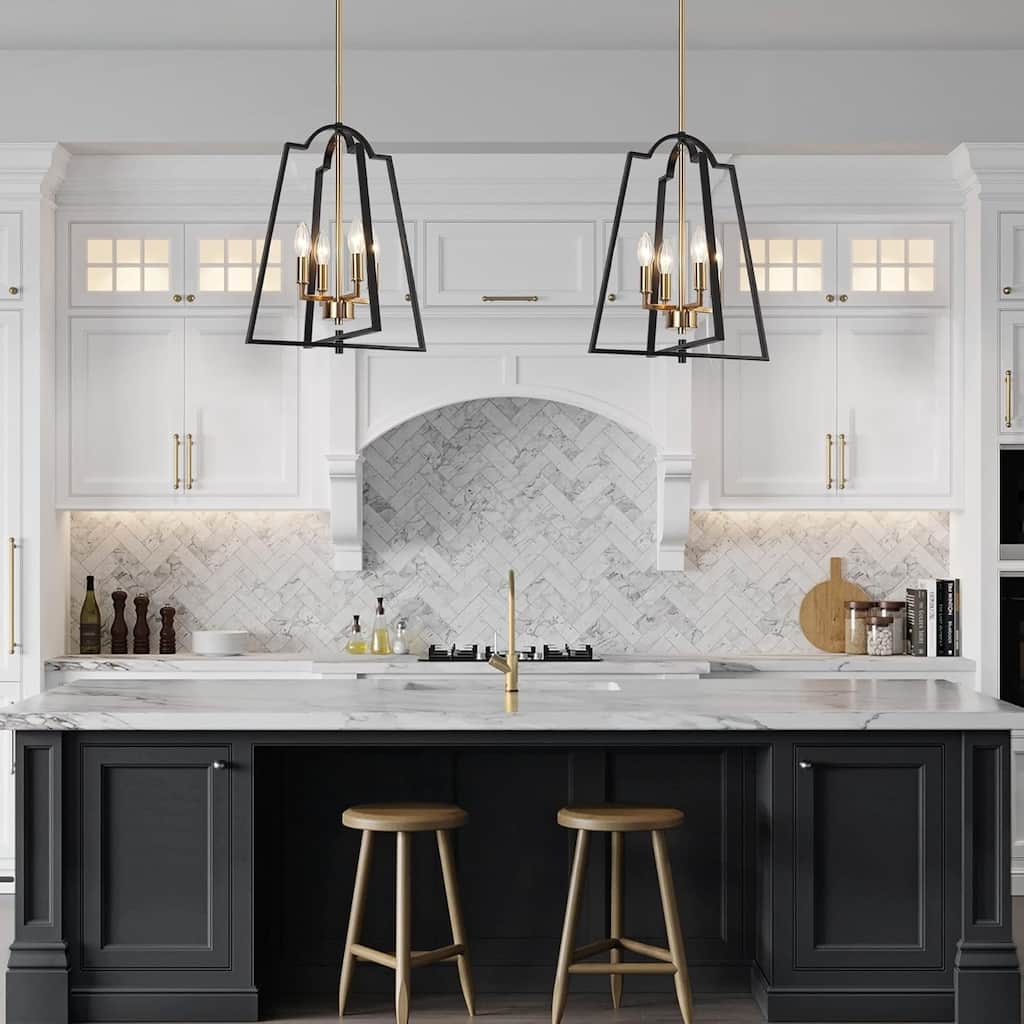 Modern Farmhouse Black Gold 4-Light Lantern Geometric Chandelier Candle Kitchen Island Pendant Light - 14" W x 17.5" H