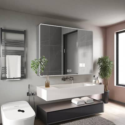 35 x 28 Inch Aluminium Medicine Cabinet Mirror with LED Light, Defogging, and Cosmetic Storage