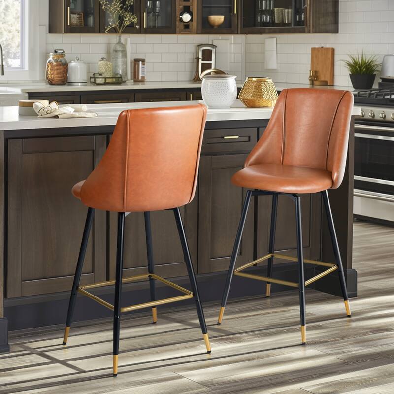 Homy Casa Set of 2 Faux Leather Counter Stools with Backrest and Gold-Tipped Metal Legs-Ideal for Modern Kitchens and Home Bars