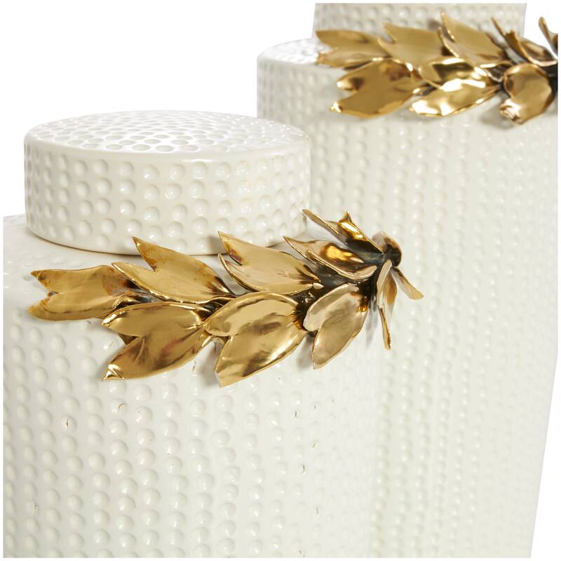 White Ceramic Living Room Decorative Jars with Abstract Spotted Pattern and Gold Leaf Accents (Set of 2)