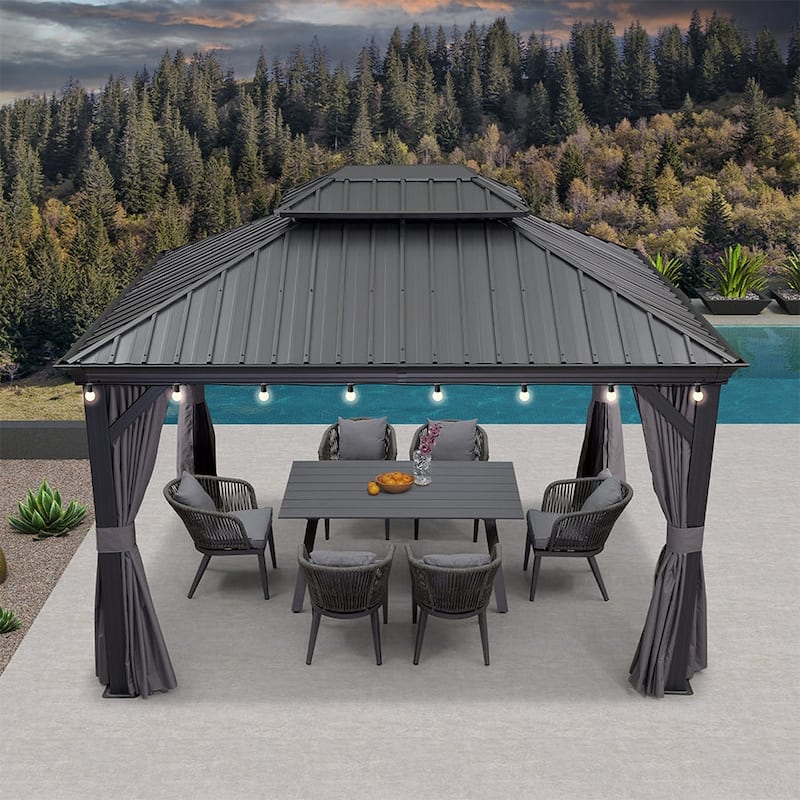 PURPLE LEAF Outdoor Galvanized Steel Hardtop Gazebo, Aluminum Frame Gazebo With Curtains - 10ft x 13ft - Grey