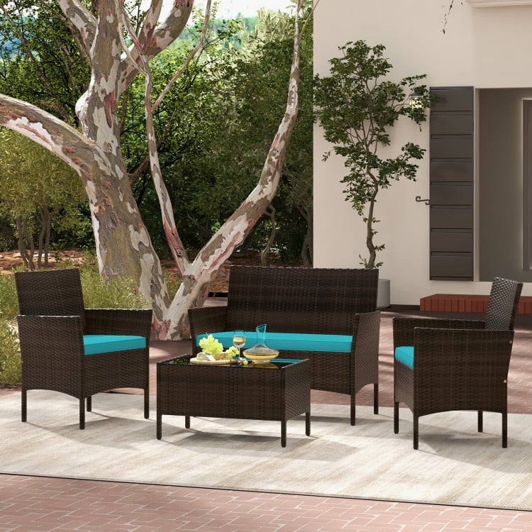 4 Piece Outdoor Rattan Patio Set with Cushions and Glass Table - 39.5" x 22.5" x 32"