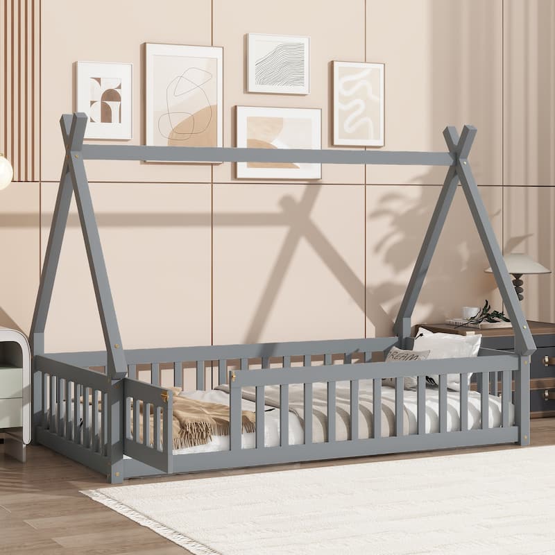 Roomfitters Twin/Full Tent-Shaped Floor Bed with Teepee Frame, Rubber Wood Platform with Guardrails, Slats and Door