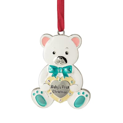 3" Pastel Silver Plated Bear Baby's First Ornament European Crystals