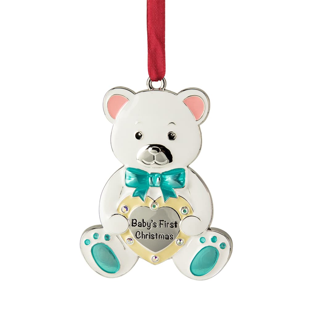 3" Pastel Silver Plated Bear Baby's First Ornament European Crystals
