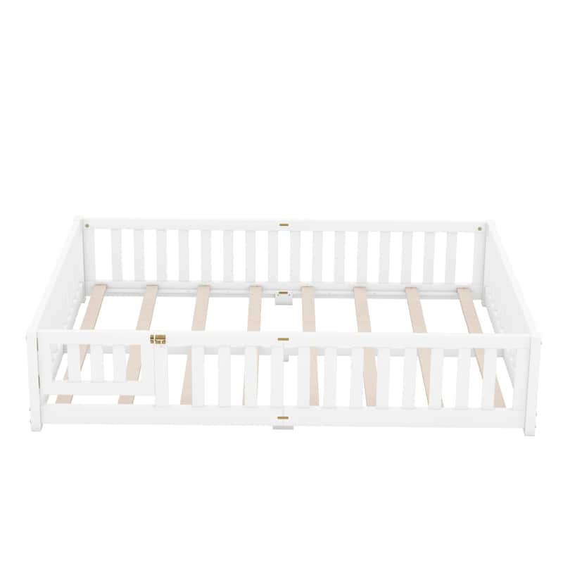 Queen Size Bed Floor Bed with Safety Guardrails and Door for Kids