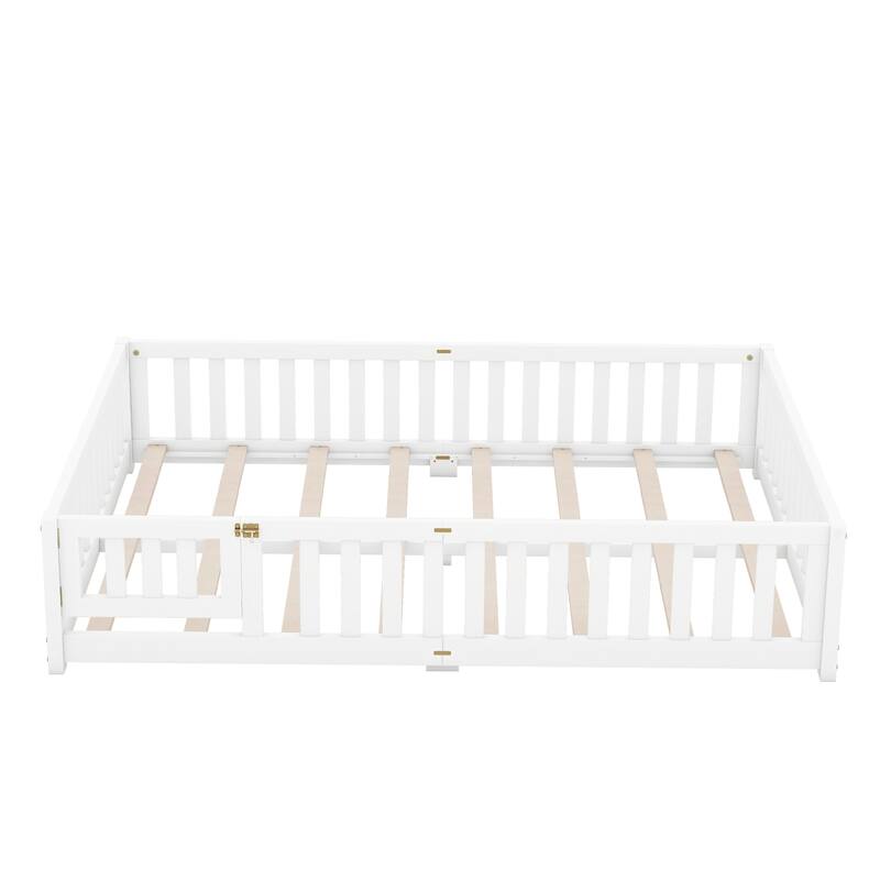 Twin/Full/Queen Size Floor Bed with Safety Guardrails for Kids, Wood Montessori Bedframe w/ Door, Children's Noiseless Beds