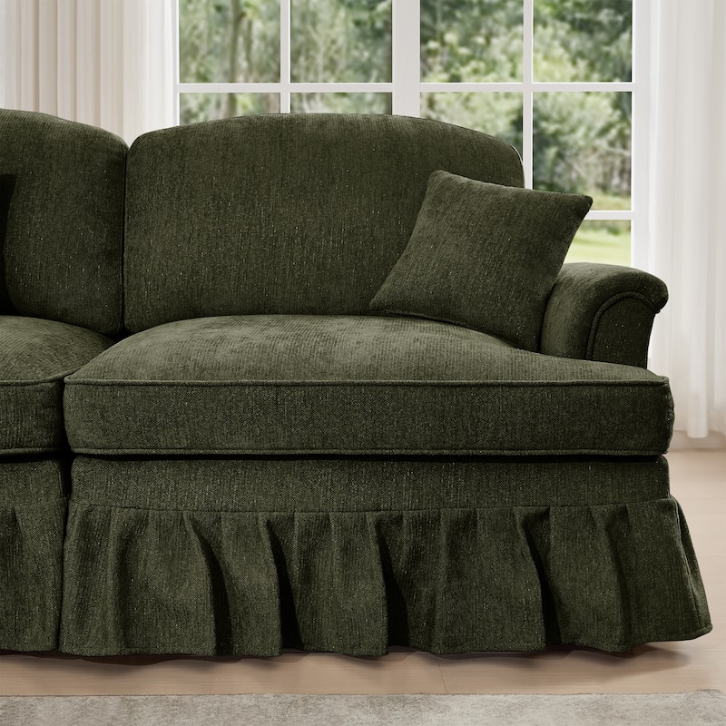 Mid-Century 2-Seat Sofa Couch with Flared Arms & Removable Ruffled Skirts, Retro Chenille Upholstered Loveseat for Living Room