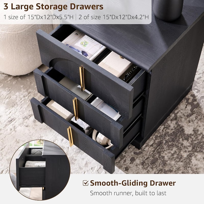 Modern Arched 3 Drawers Nightstand with Charging Station, Side Table