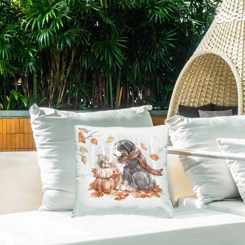Stupell Dog & Fall Pumpkins Printed Outdoor Throw Pillow Design by Mary Urban