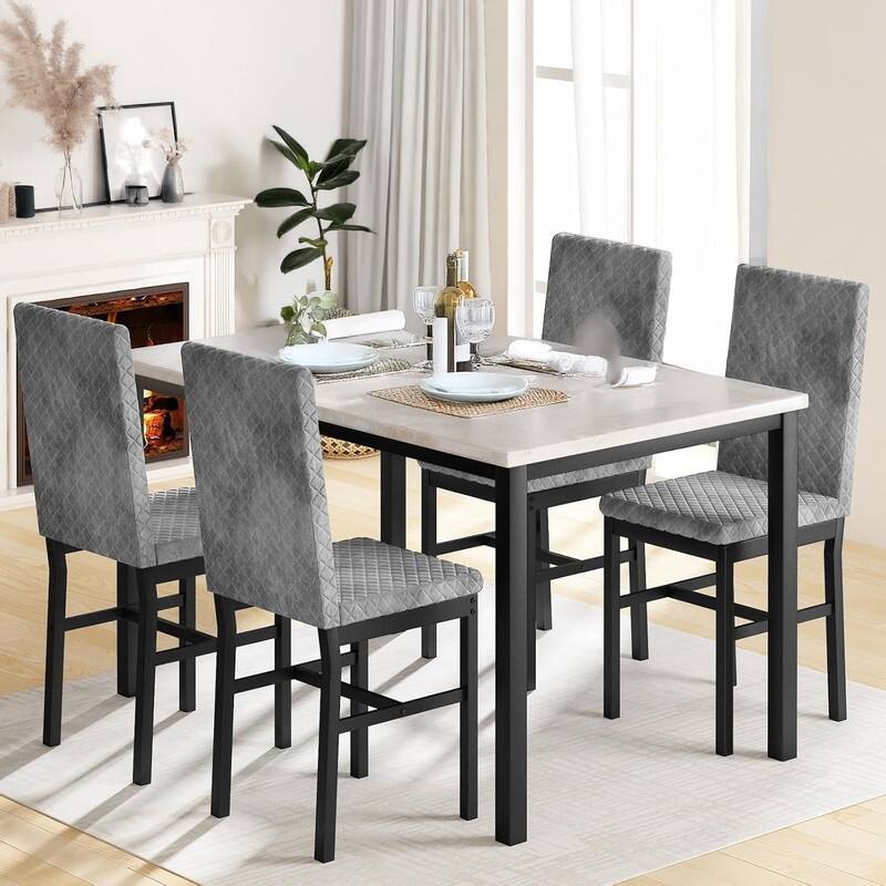 Grondin 5-Piece Dining Room Table Set with Faux Marble Table Top and Diamond Stitching Velvet Upholstery Dining Chairs