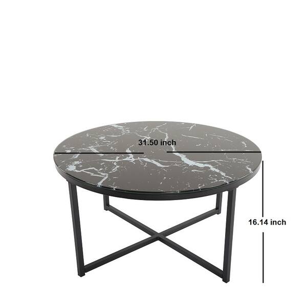 Cross Legs Glass Coffee Table with Metal Base and Faux Marble Top Bed